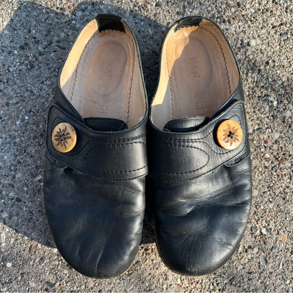 Haflinger Germany Black Leather Slip On Velcro Comfort Clog Shoes